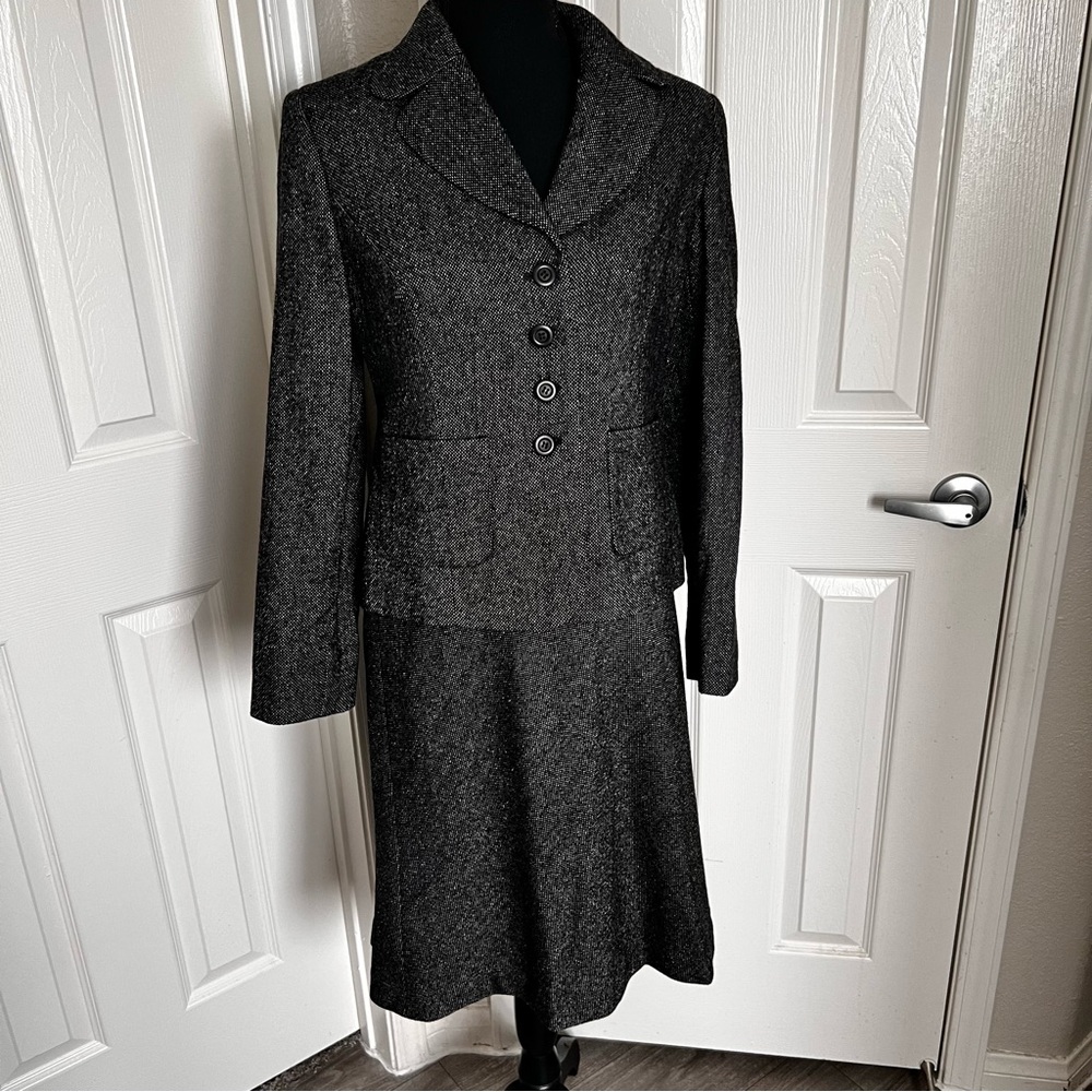 🌺 Vintage 2 pc Ann Taylor LOFT Black Tweed Wool Skirt Suit Size 8 Petite